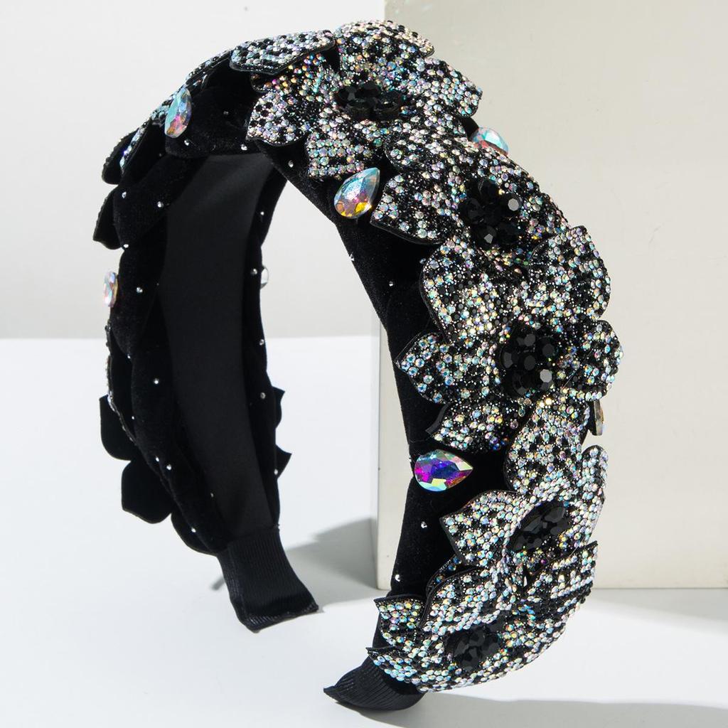 Exquisite Velvet Floral Diamond Headband: Sparkly High-Top Hair Accessory for Women - Perfect for Banquet and Prom.