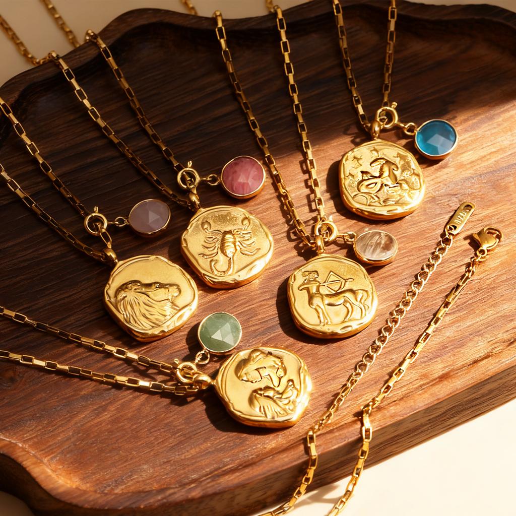 12 Zodiac Stainless Steel Women's Necklace Birthstone Zodiac Round Pendant Necklace Sweater Chain Amulet Color Christmas Gift