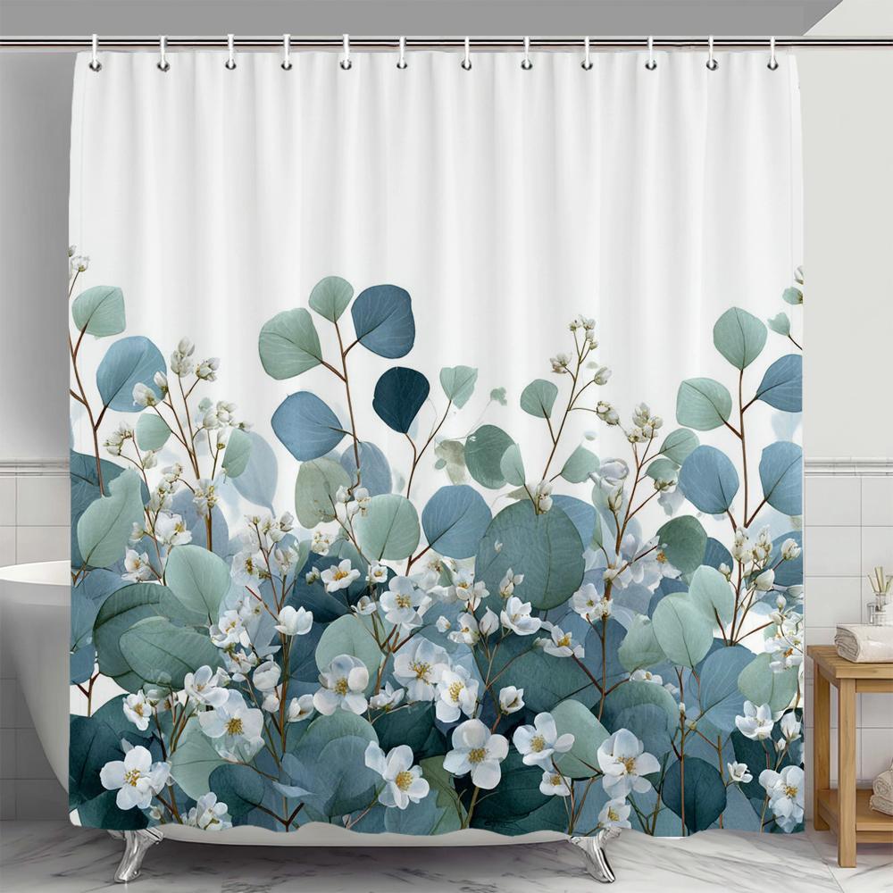 Modern Botanical Leaf Shower Curtain, Floral Plant Bathroom Decorative Shower Curtain, Polyester Shower Curtain With Hooks