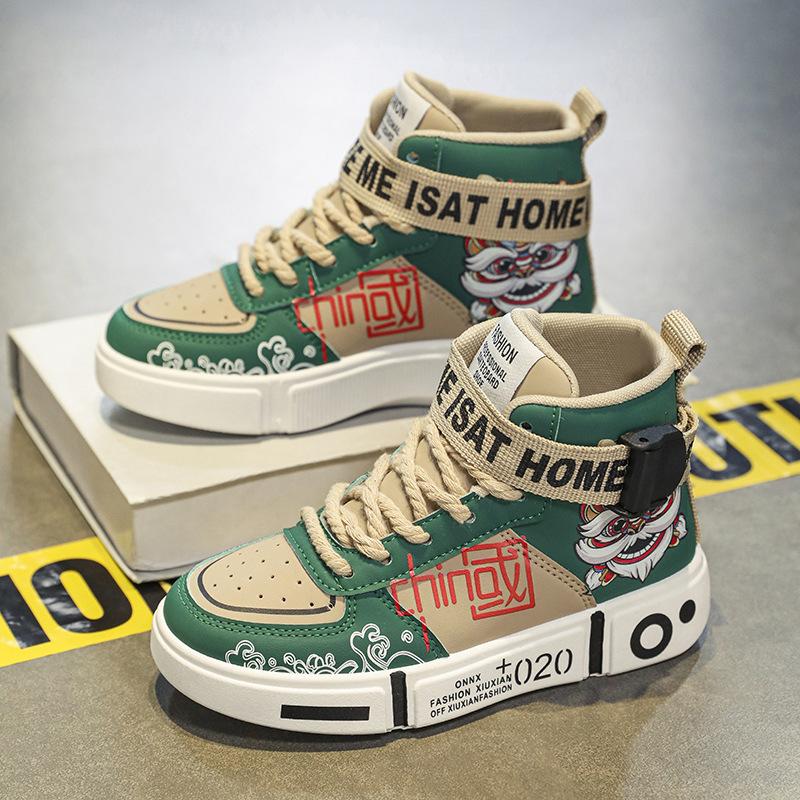 

Повседневная обувь для мальчиков 2025 новая осень и зима для детей среднего и старшего возраста высокие кеды для мальчиков школьные кожаные туфли на мягкой подошве Путянь 39 зеленые хаки