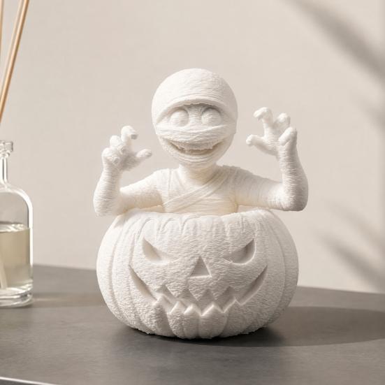 Blank PLA Sculpture for Art 3D Printed Pumpkin Boy Figurine, Unpainted White DIY Statue, Unique Tabletop Display Piece Halloween Mummy Sculpture,