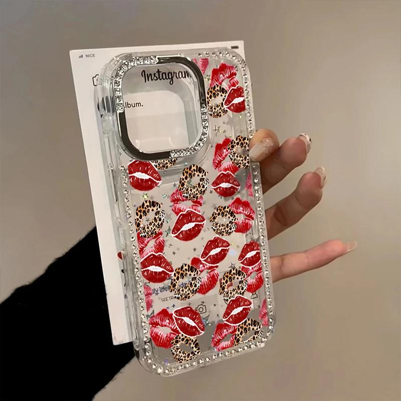 Leopard Print Red Lip Print Applies To Apple 17 Pro Mobile Phone Case iPhone15/16 Flash Diamond Star 14 Luxury 12 Women 13