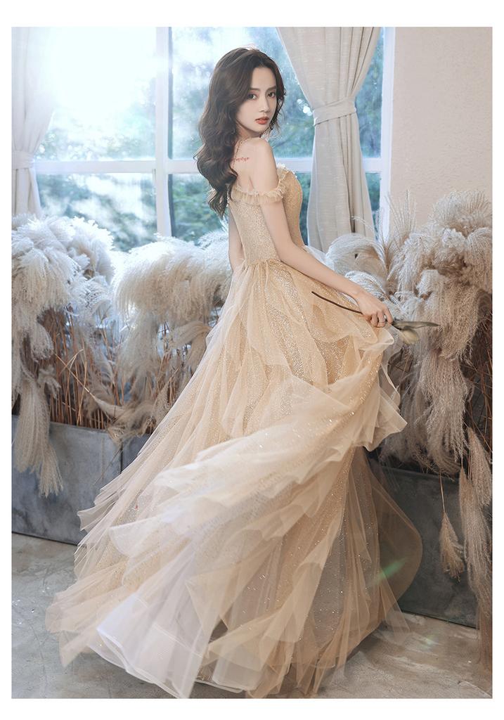 French Evening Dress 1011 New Banquet Temperament Long Champagne Celebrity Birthday Host Fairy Dress