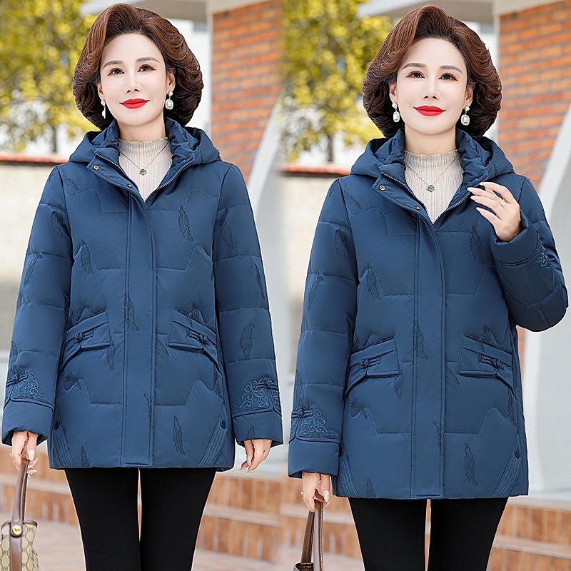 White Down Jacket for Middle-aged and Elderly Women, Plus-size Padded Hooded Loose Coat for Grandma In Her 60s.