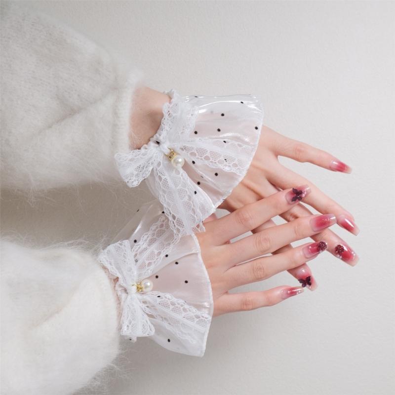 Elegant Lace Sleeves Wrist Cuffs with Artificial Pearls And Bowknot Decors For Daily Outfit Various Event Dressingup