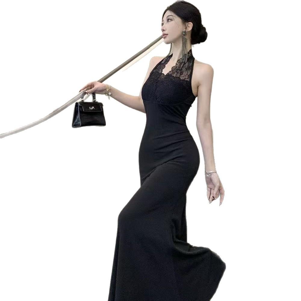 Korean Slim Fit and Thin Lace Neck Dress Women's Summer Sexy Backless Hip Wrap Dress Long Dress Hip Wrap and Thin