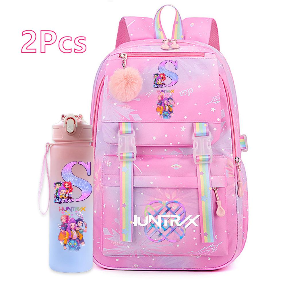 2 Stück/Set Ainme K-Pop Demon Hunters Rucksack mit englischem Buchstabenaufdruck mit Wasserflaschenhalter für Teenager Mädchen Jungen Schultasche Reisetasche