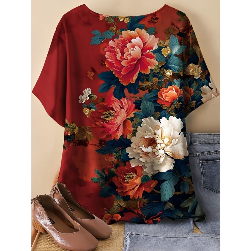 

Directional Plus Size Plus Retro Fashion Flower Pattern Print Round Neck T-Shirt L