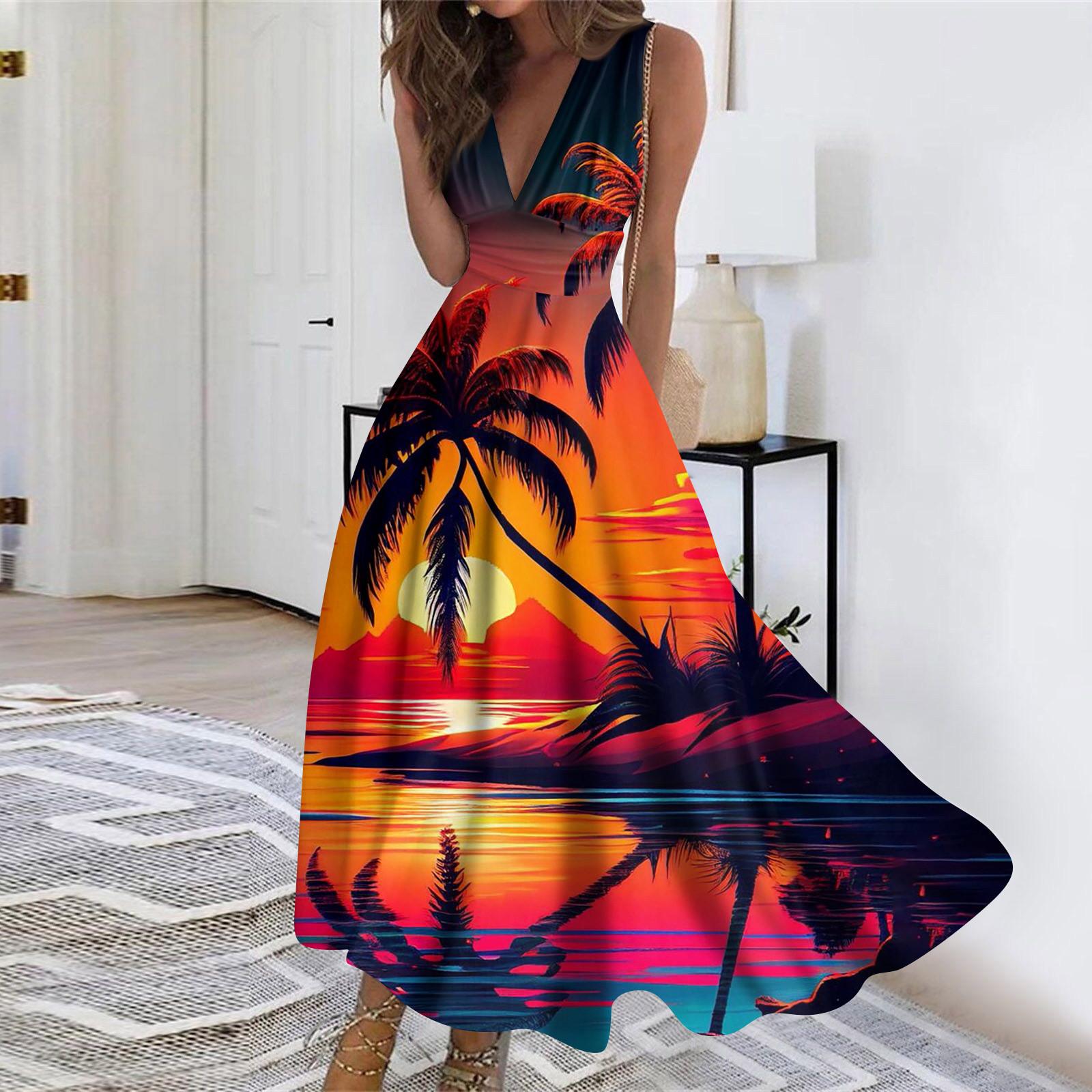 

Женское длинное платье Платье макси Повседневное платье Летнее повседневное платье без рукавов с v-образным вырезом в стиле бохо с талией и принтом XL киноварь