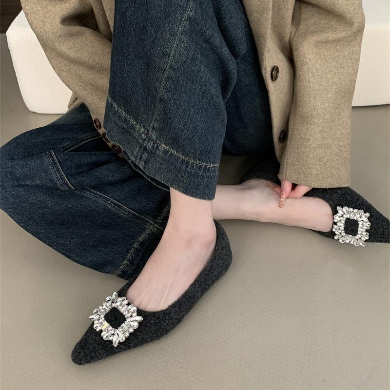 French Small Fragrant Woolen Single Shoes Women's 2025 New Rhinestone Square Buckle Flats Evening Shoes Fleece Low Heels