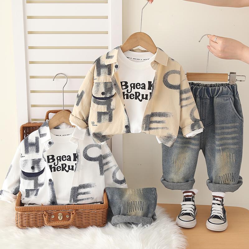 Boys' long sleeved 3-piece set, 0-5-year-old children's printed shirt+white T-shirt+casual pants set, high-quality clothing