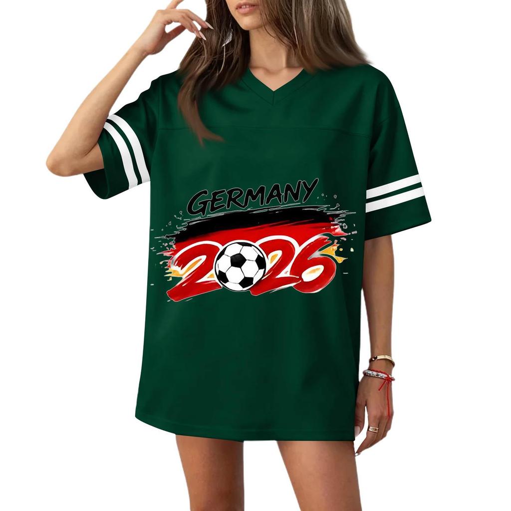 Women’s Casual V Neck Football Jersey Style Short Sleeve Top with Germany 2026 Soccer Flag Print Loose Fit Sports T Shirt