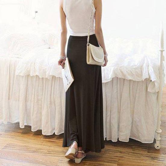 Women Maxi Skirt Adjustable Drawstring High Waist Side Slit Large Hem Long Skirt Solid Color A-Line Skirt
