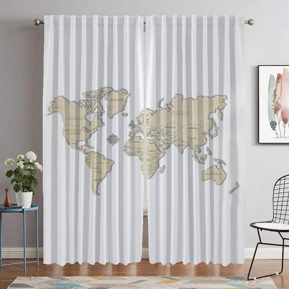 World Map Curtains for Living Room Curtain for Room 2 Panel Home Interior Curtains Partition Halloween Decoration Shades Kitchen