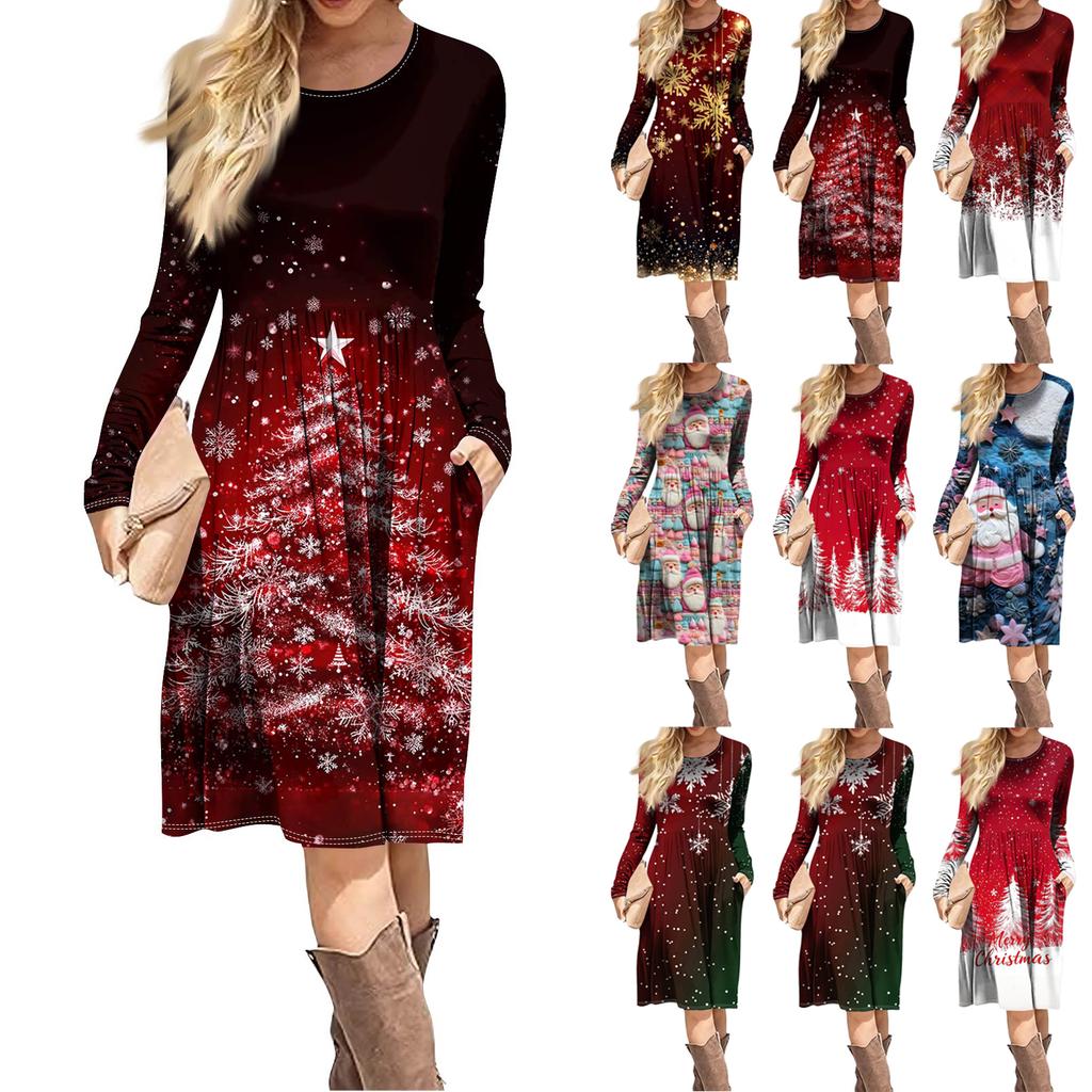 Rochie casual de damă cu imprimeu gradient, de primăvară, cu buzunar, cu gât rotund și mâneci lungi