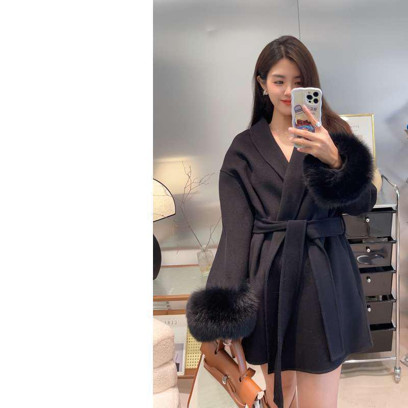 Women's Mid-Length Double-Faced Cashmere Coat with Fox Fur Cuffs for 2025 Autumn/Winter