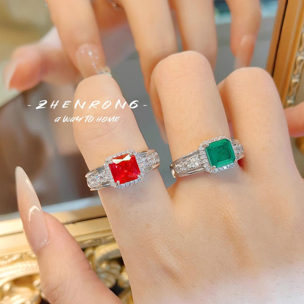Mode Leichter Luxus Temperament Prinzessin Quadratischer Diamant Simulation Rubin Ring Retro Baumwolle Smaragd Einfach Vielseitig Damenring