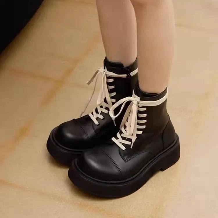 NEW Classics Chelsea Boots Women Black Ankle Boots Autumn Winter Shoes Leather Platform Short Boots Slip On Elastic Band