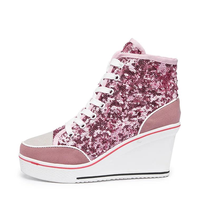 Fashion 8CM autumn Women Shoes Pink Black Silver Glitter Vulcanize Woman Platform Wedge Sneakers Casual Zapatos De Mujer