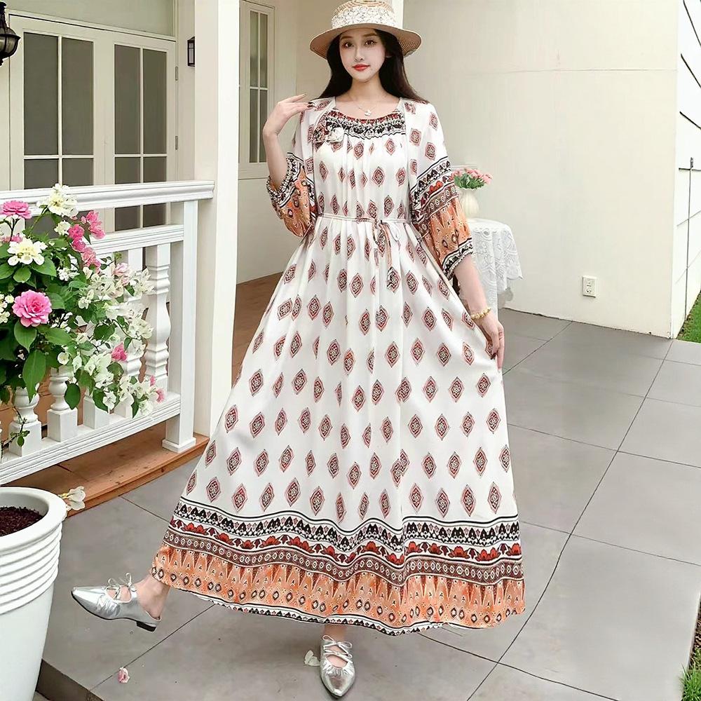 Fattened extra large size floral long-sleeved dress 100kg fat girl long dress one-word shoulder loose maternity dress