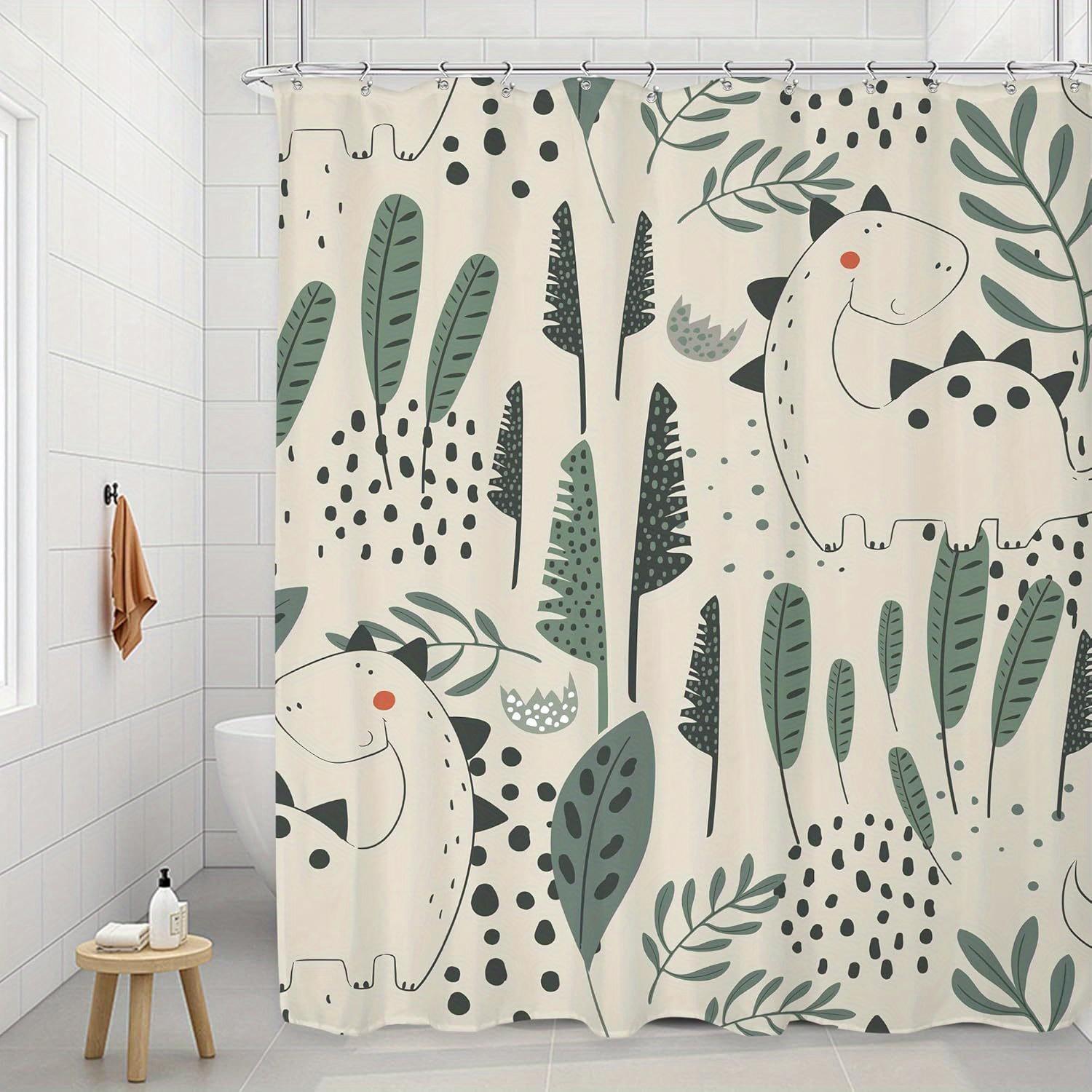 

1Pc Funny Dinosaur Shower Curtain Cute Dino Cartoon Animals Tropical Leaves Plant Beige Green Bathroom Decor 12 Pack Hooks W60H190(CM)-1 Pcs