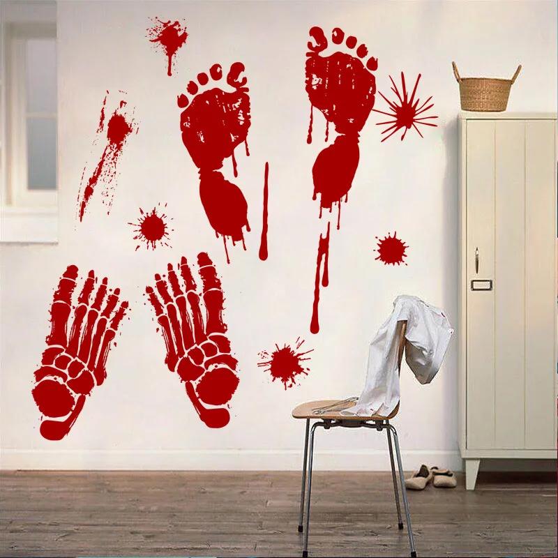 Halloween Stickers Horror Blood Hand Print Door Stickers Window Bathroom Shadow Glass Female Ghost Wall Decal Halloween Decor