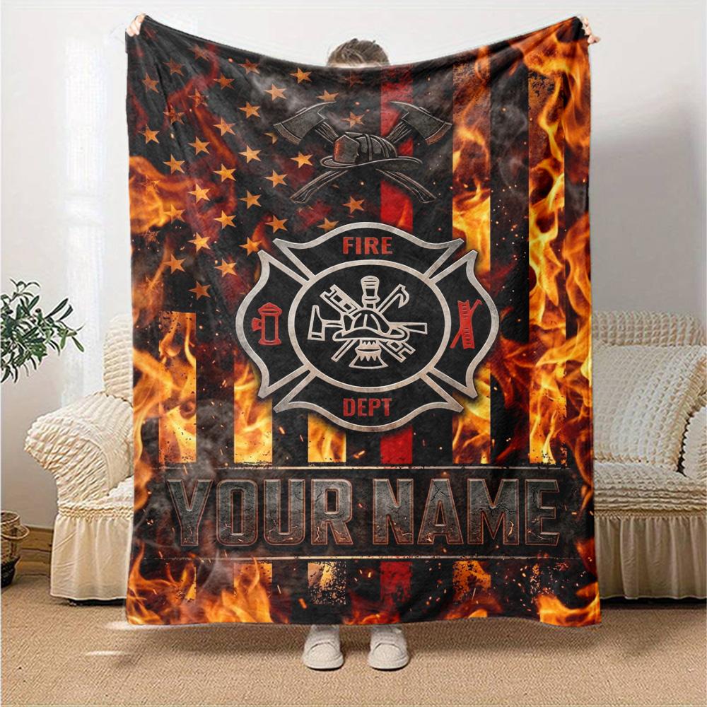 Name Custom Firefighter Fire Rescue Print Flannel Blanket High Quality Warm Comfortable Cover for All Seasons Perfect for Gifts Home Decor