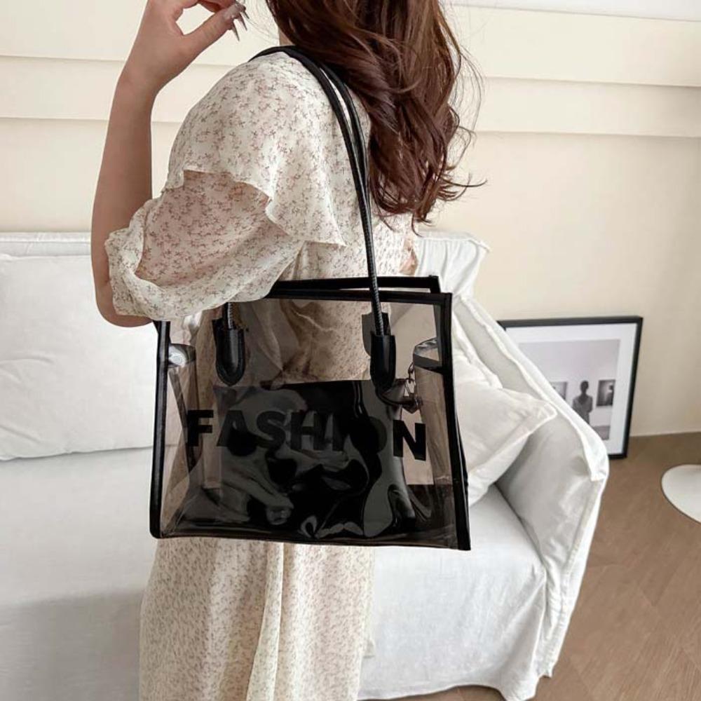 

2pcs/set Fashion Transparent Jelly Bag PU Leather PVC Composite Tote Bags Shopping чорний