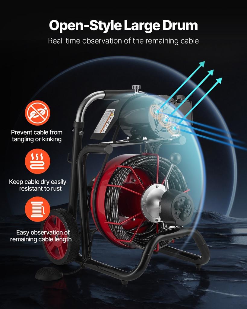 Drain Cleaner Machine 30m x 10.5mm, Auto Feed Sewer Snake Auger on Wheels - with 8 Cutters & Air-Activated Foot Switch for 50mm to 100mm Pipes