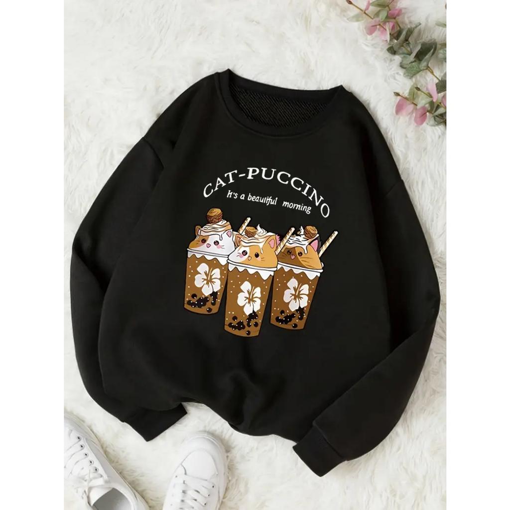 Women'S Plus Size Casual Sweatshirt With Cute Cat & Coffee Print - Cozy Polyester, Round Neck Pullover For All Seasons Sweaters