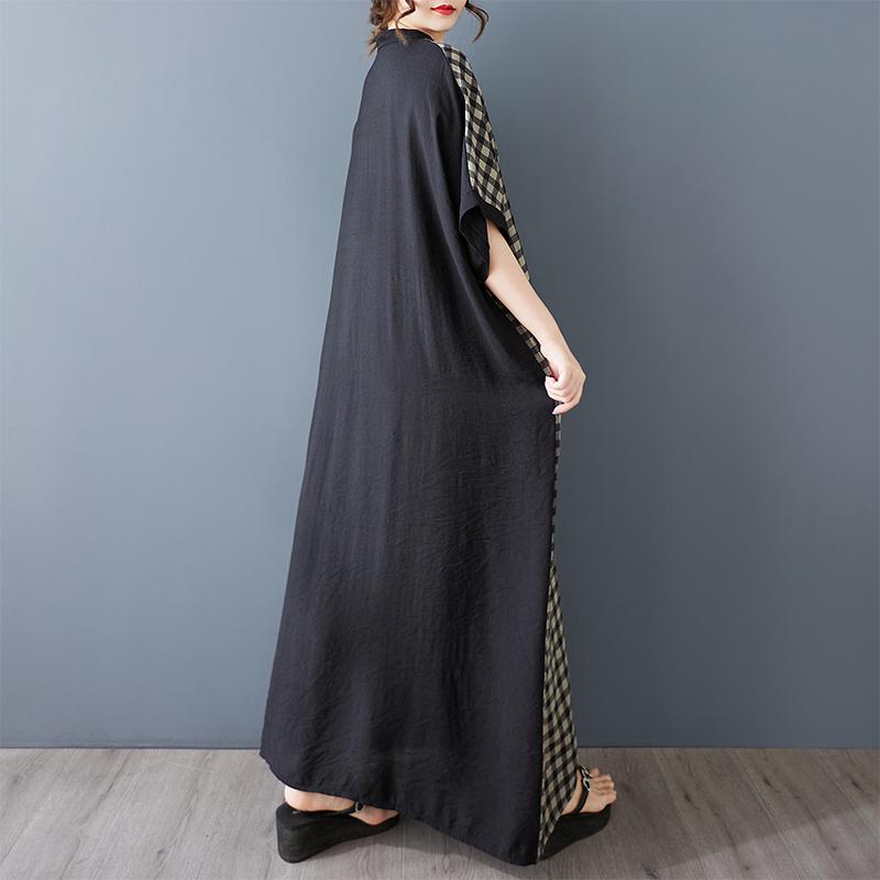 DIMANAF 2025 Plus Size Summer Women Long Dress Oversized Vintage Basic Plaid V-Neck Casual Loose Dress