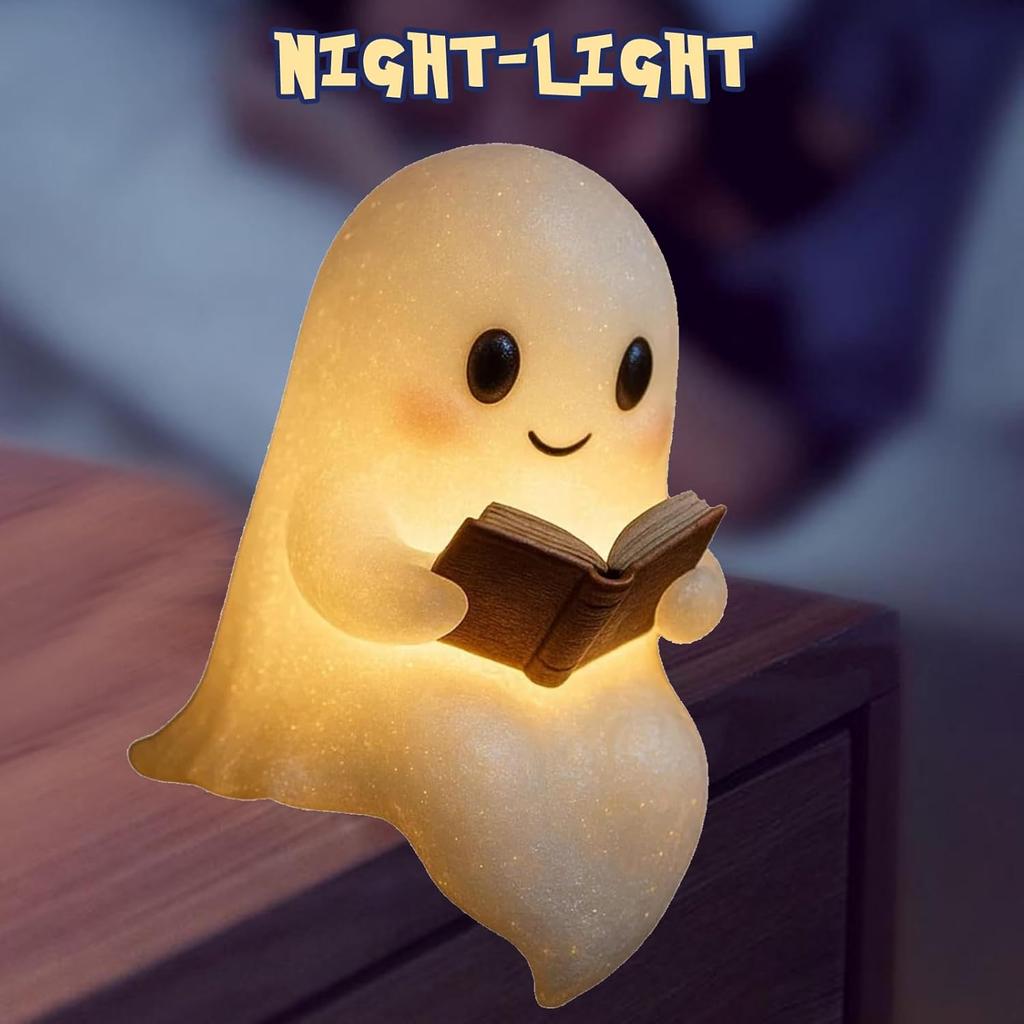 Ghost Reading Book Lamp, Halloween Light Up Ghost Statue Night Light House Mantel Decor for Home, Light Up Halloween Decor, for Bedroom Study Room