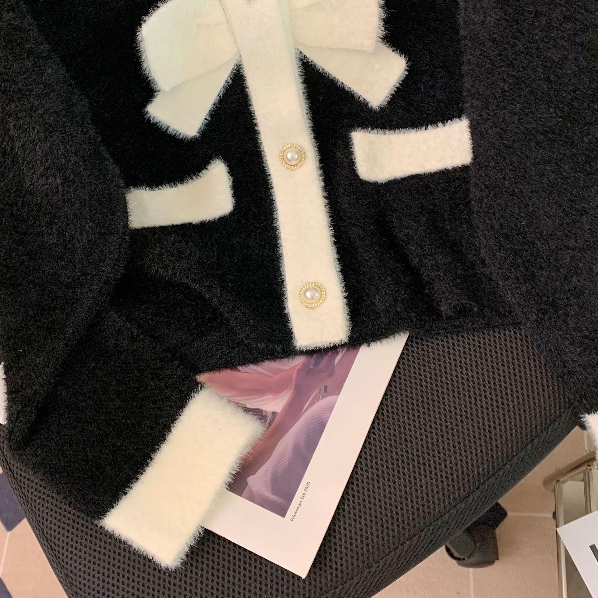 

Осенне-зимний женский свитер из искусственного норкового бархата с v-образным вырезом, маленький вязаный кардиган в парфюмерном стиле, короткая куртка One Size чёрный