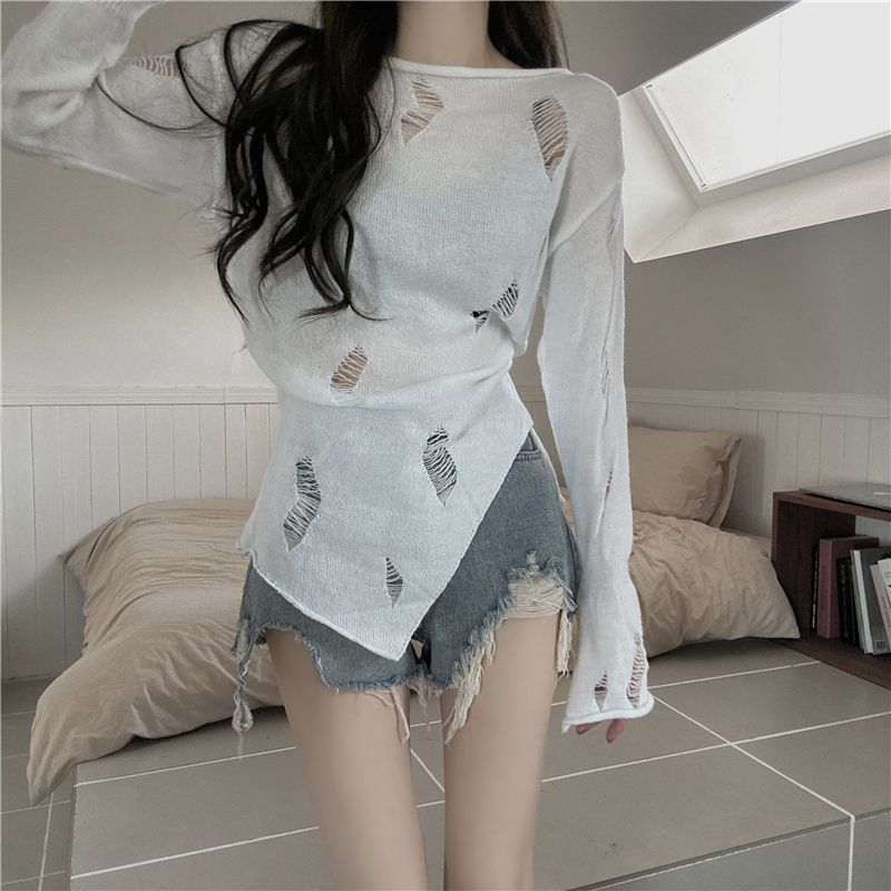 

Топ базового слоя в стиле чистого желания с ажурным вязанием и прорезями для женщин, весенний, приталенный, с длинным рукавом и разрезом, кардиган S белый