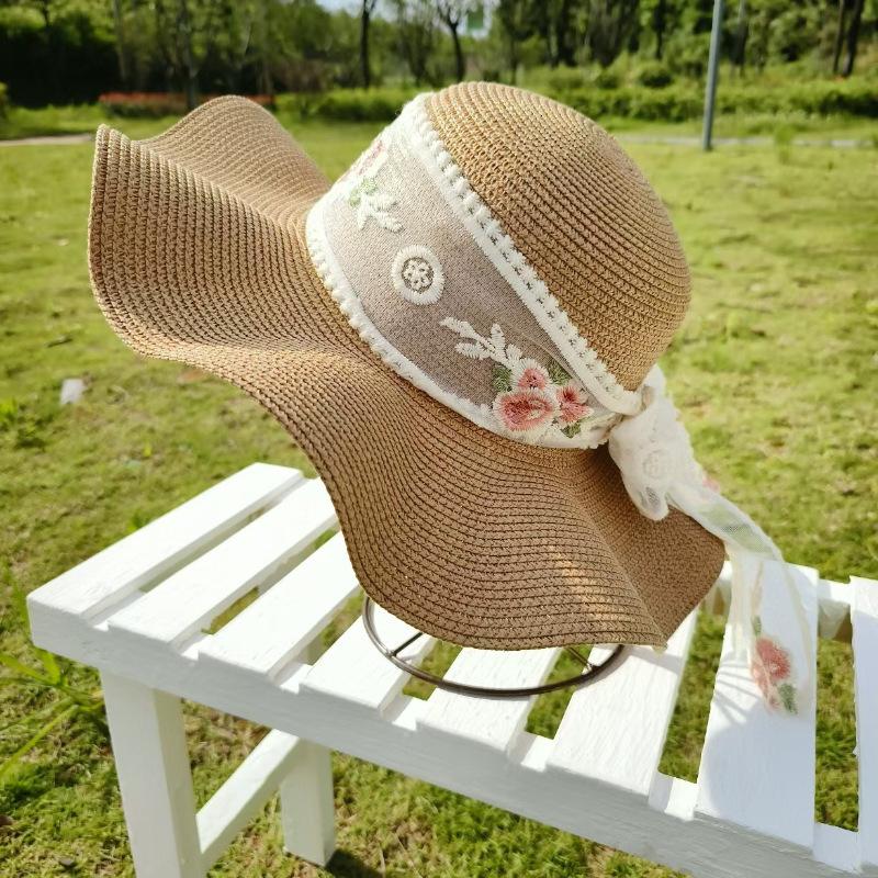 

Sun Hat, Women, Beach Vacation Hat, Sweet Lace, Beach Hat, Summer Outing, Large Brim, Straw Hat M（56-58cm） хаки