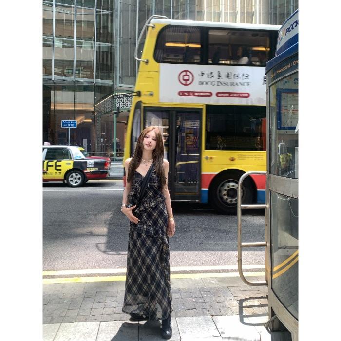 [] French Retro Plaid Suspender Women's Summer New Design Sense Niche Waist Temperament Long Skirt