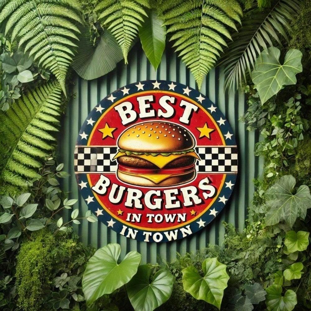 Vintage Retro Burger Metal Sign Best Burgers In Town Round Plaque Bar Cafe Kitchen Wall Decor