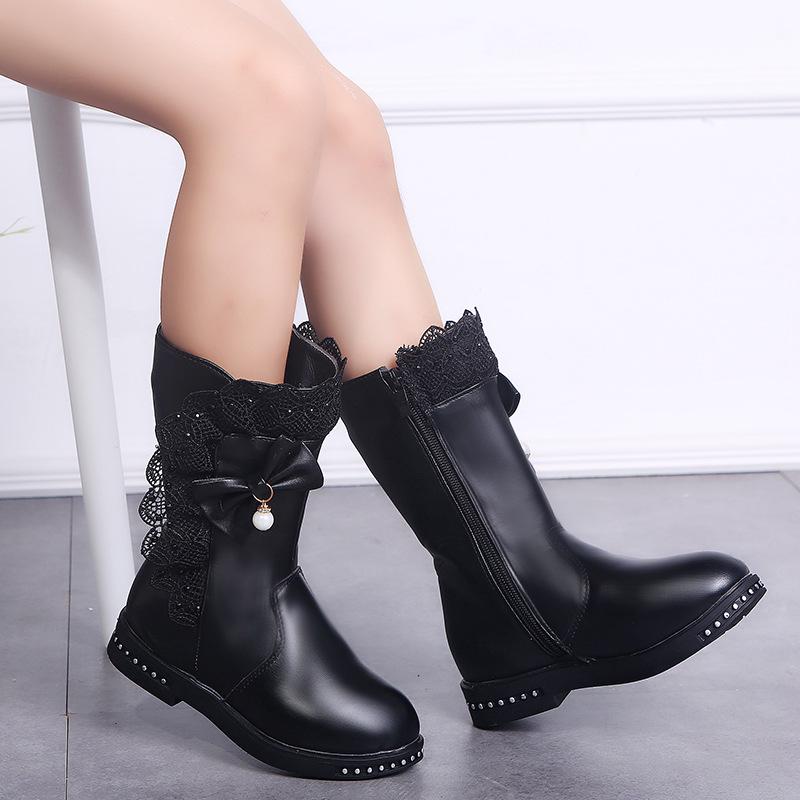 Children's Snow Boots New Winter Girls Mid-calf Lace Bow Zip with Plush Warm Waterproof Leather Boots Kids Princess Tall Boots