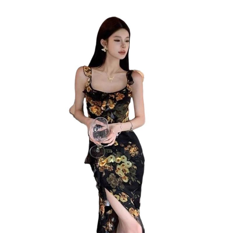 French Retro Temperament Imperial Sister Style Printing Lotus Leaf Edge Suspender Dress Summer Split Hip Wrap Dress
