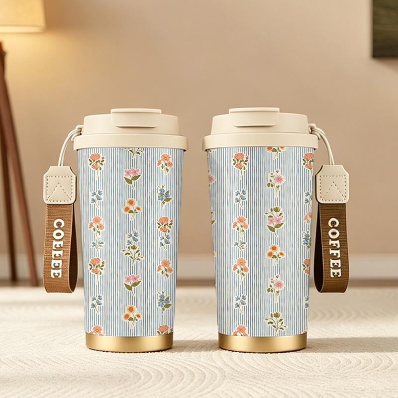 532ml Coffee Mug Vintage Floral Element Lanyard Insulated Cup Hot Cold Cup Leakproof Coffee Cup Car Cup Heat Proof Travel Cup