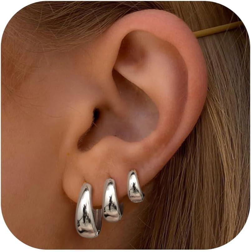 3 Paar Creolen Set für Damen Gold Silber Beschichtet Ohrringe Hypoallergen Kleine Huggie Creolen Leichte Creolen Zum Stapeln