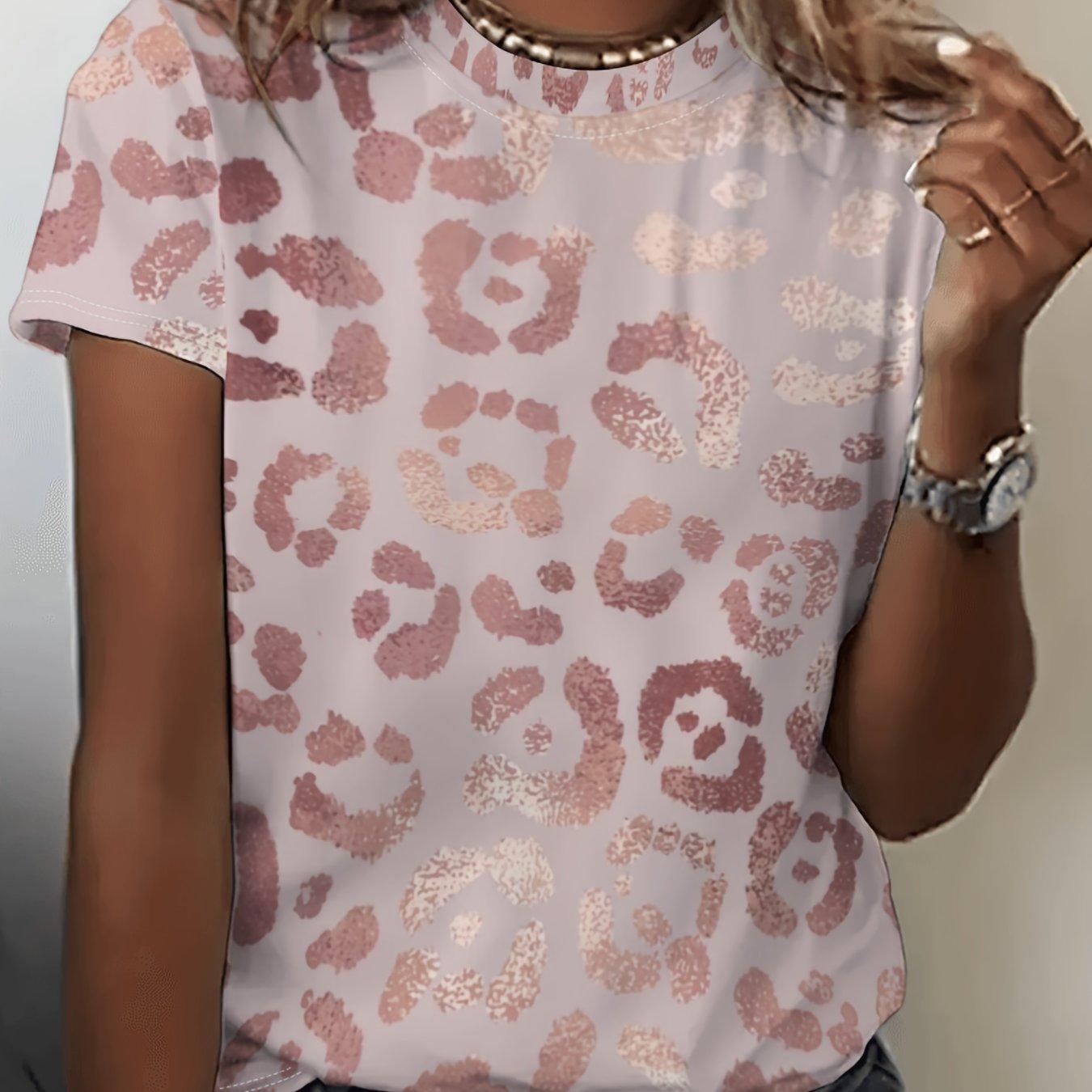 Women s round neck short-sleeved 3D printed T-shirt with all-over pink leopard print design. XXS