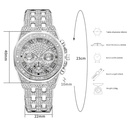 Apzzic Diamond Iced Out Watch, CZ Gold Plated, 40mm Wide, Roman Numeral Dial, Quartz Wristband, Men's/Women's, Silver, Fashionable.
