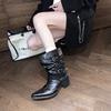Punk Metal Rivets Pointed Toe Western Boots Women 2025 Pleated Mid Calf Riding Boots Street Style Metal Buckle Shoes