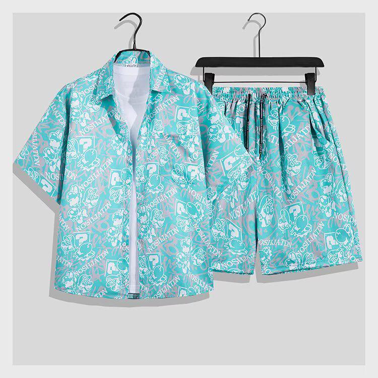 Hawaii Men's Quick Dry Graffiti Floral Shirt & Shorts Summer Set