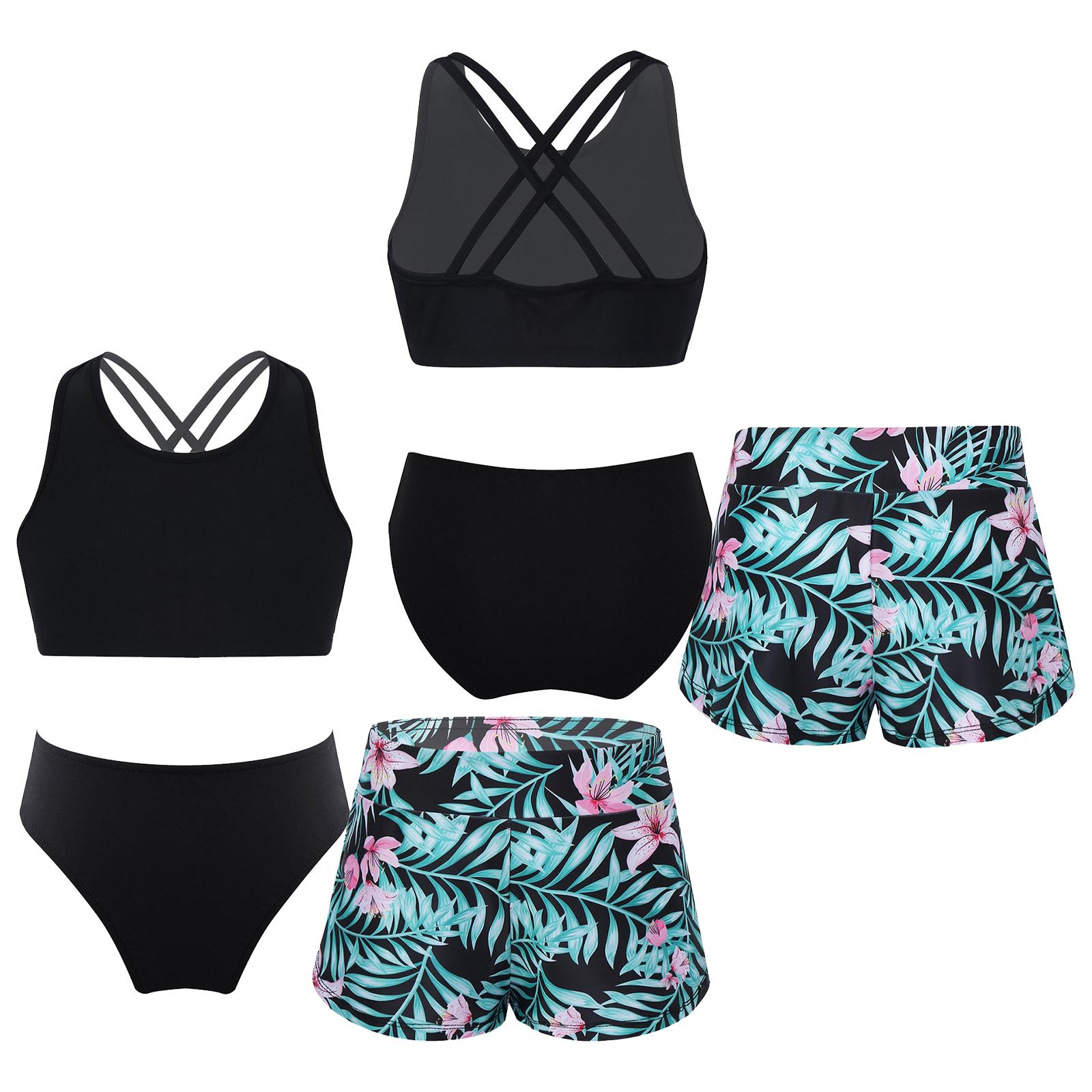 Fldy 3-delige kindermeisjes badmode mouwloze crop top met bandjes en bedrukte shorts en slips voor zwemmen in het strandzwembad 13-14 Years