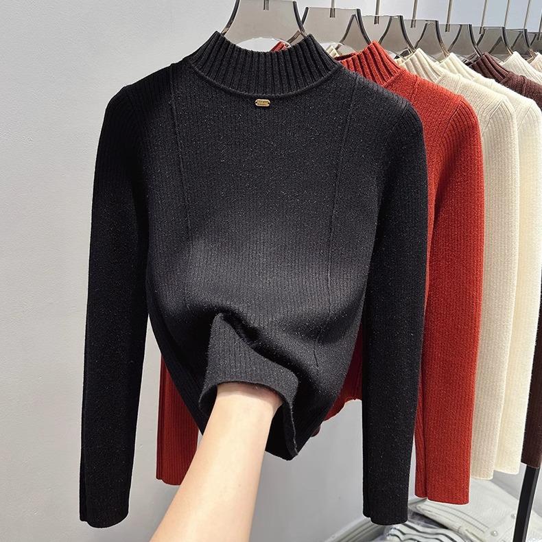 One Piece Velvet Sweater Women's Inner Layer Plus Thick Velvet Casual Knit Sweater,solid Color Semi High Neck Pullover