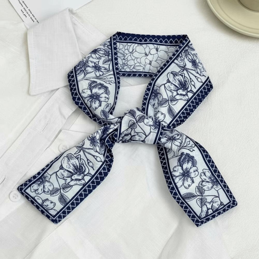 Versatile 90×7cm Silk Scarf Retro Elegant Narrow Scarf Floral Pattern Double Sided Skinny Scarf for Women синий