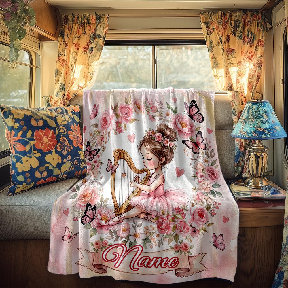 Floral Girl Playing Harp Rv Customize Your Name Blanket Soft Lightweight Allseason Multipurpose Blanket For Travel Camping Picnics Sofa Caravan Bed