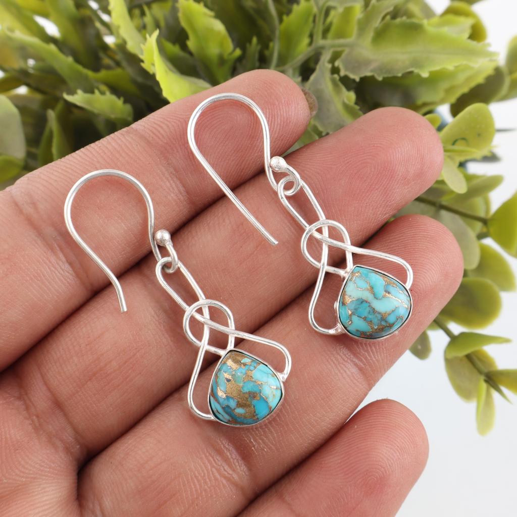 Blue Copper Turquoise Handmade Gemstone Earrings, 925 Sterling Silver Earrings Dainty Silver Jewelry, For Engagement Gift